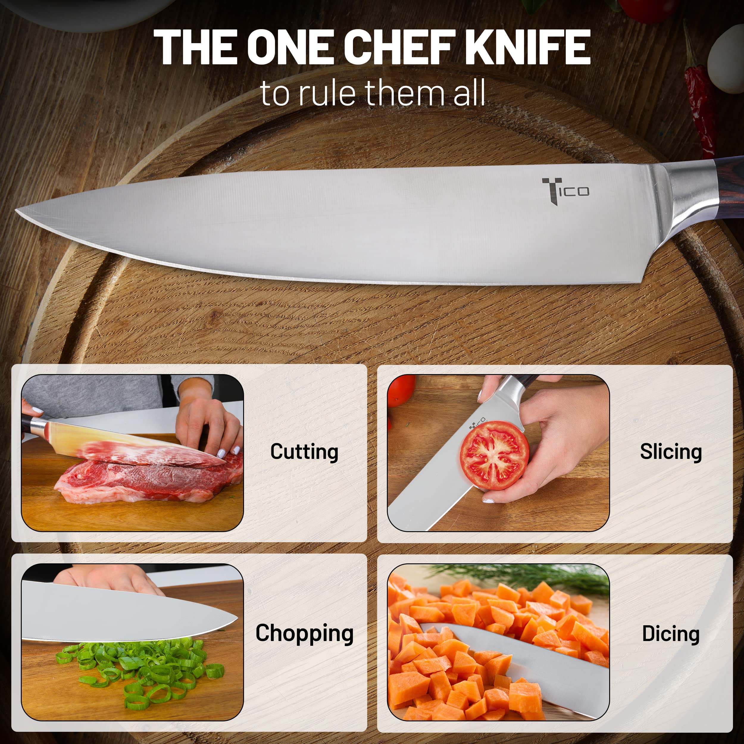 TICO Ultra Sharp 8 inch Chef's Knife - German Carbon Steel Blade, Ergonomic Pakka Wood Handle - Professional Kitchen Knife for Chopping, Cutting, Thinly Slicing Meats & Vegetables - Image 5